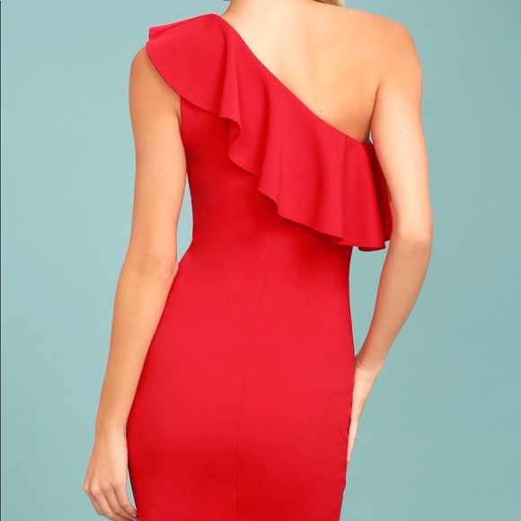 Apple Red Stretch one-Shoulder Ruffle Dress - Picture 3 of 8